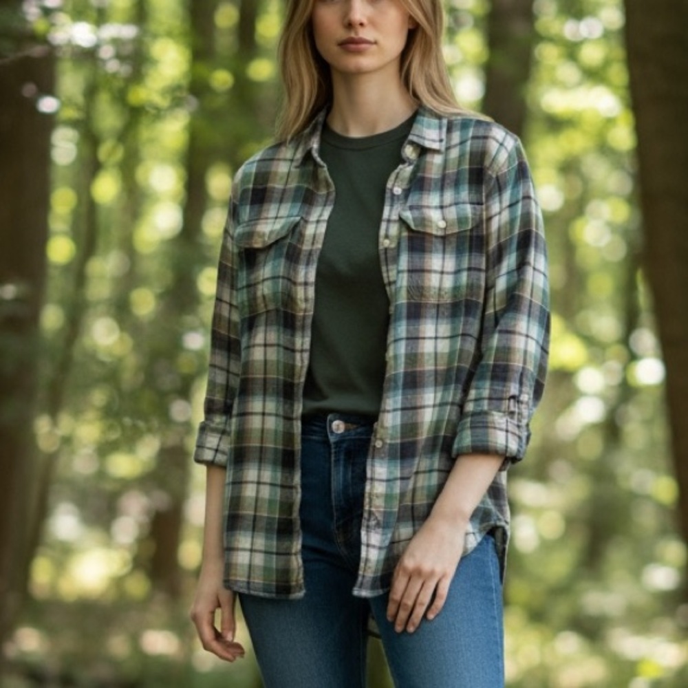 Filson - Scout Cotton Long Sleeve Button Front Blue Green Plaid Shirt - Large